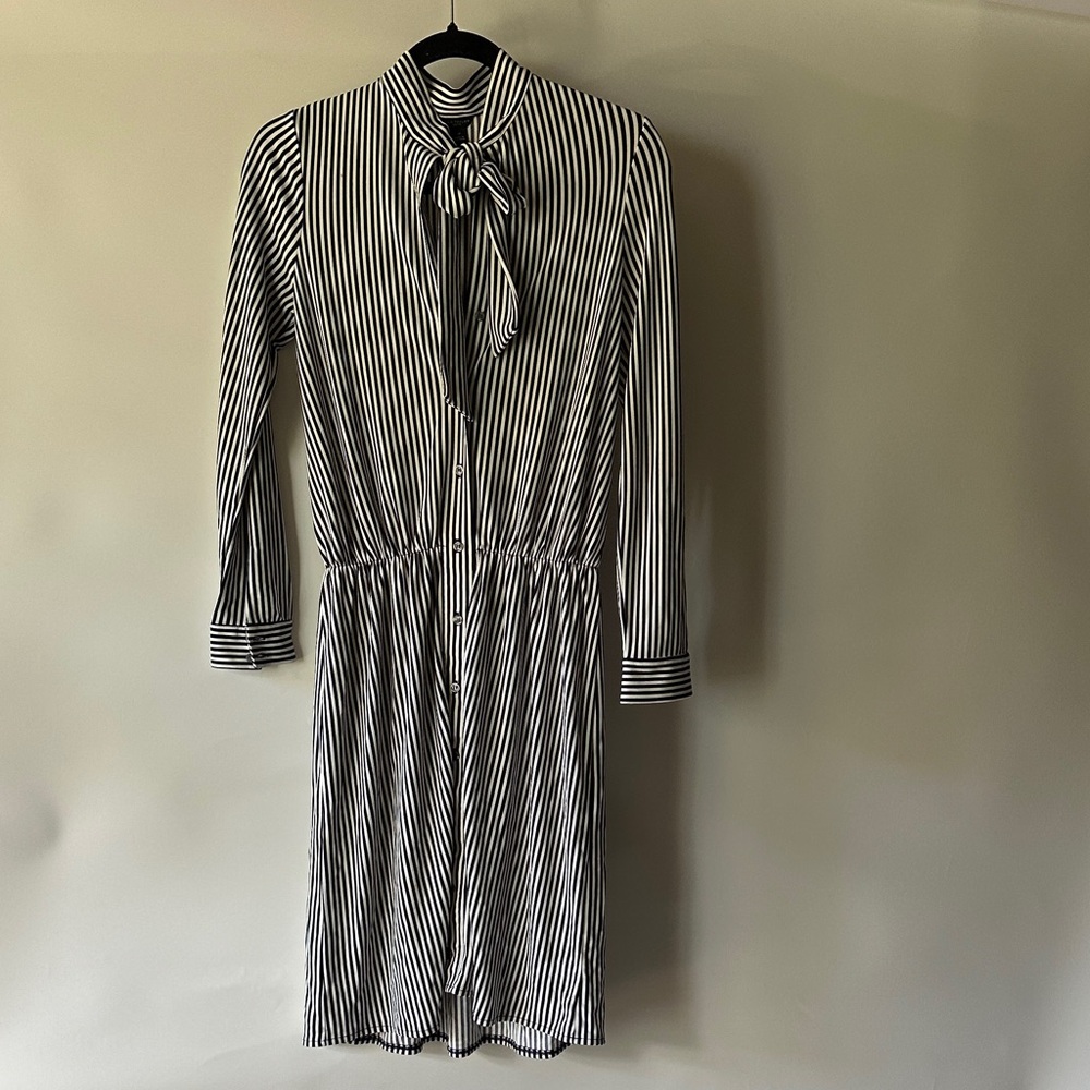 Striped Black & White Tie-Neck Shirt Dress